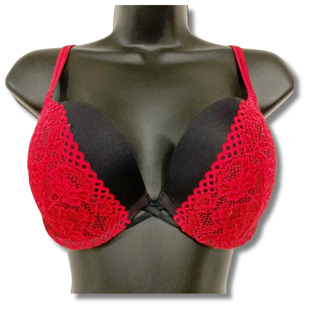 LA SENZA Red black floral lace 34DD underwire bra w/ rhinestone embellishments